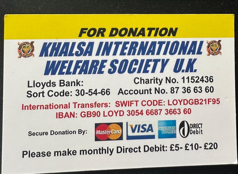 Khalsa International Welfare Society UK donation bank details