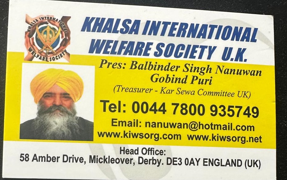 Khalsa International Welfare Society UK contact card